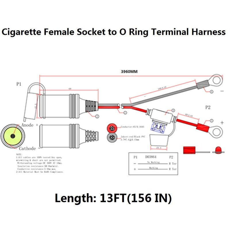 SPARKING 13 قدم 12 فولت مقبس ولاعة سجائر أنثوي حلقة طرف البطارية موصل كابل تمديد 12 فولت محول مصدر الطاقة لسيارة كهربائية شاحن سجائر ملحق مجموعة موصل 15 فيوز (13 قدم) - Image 2